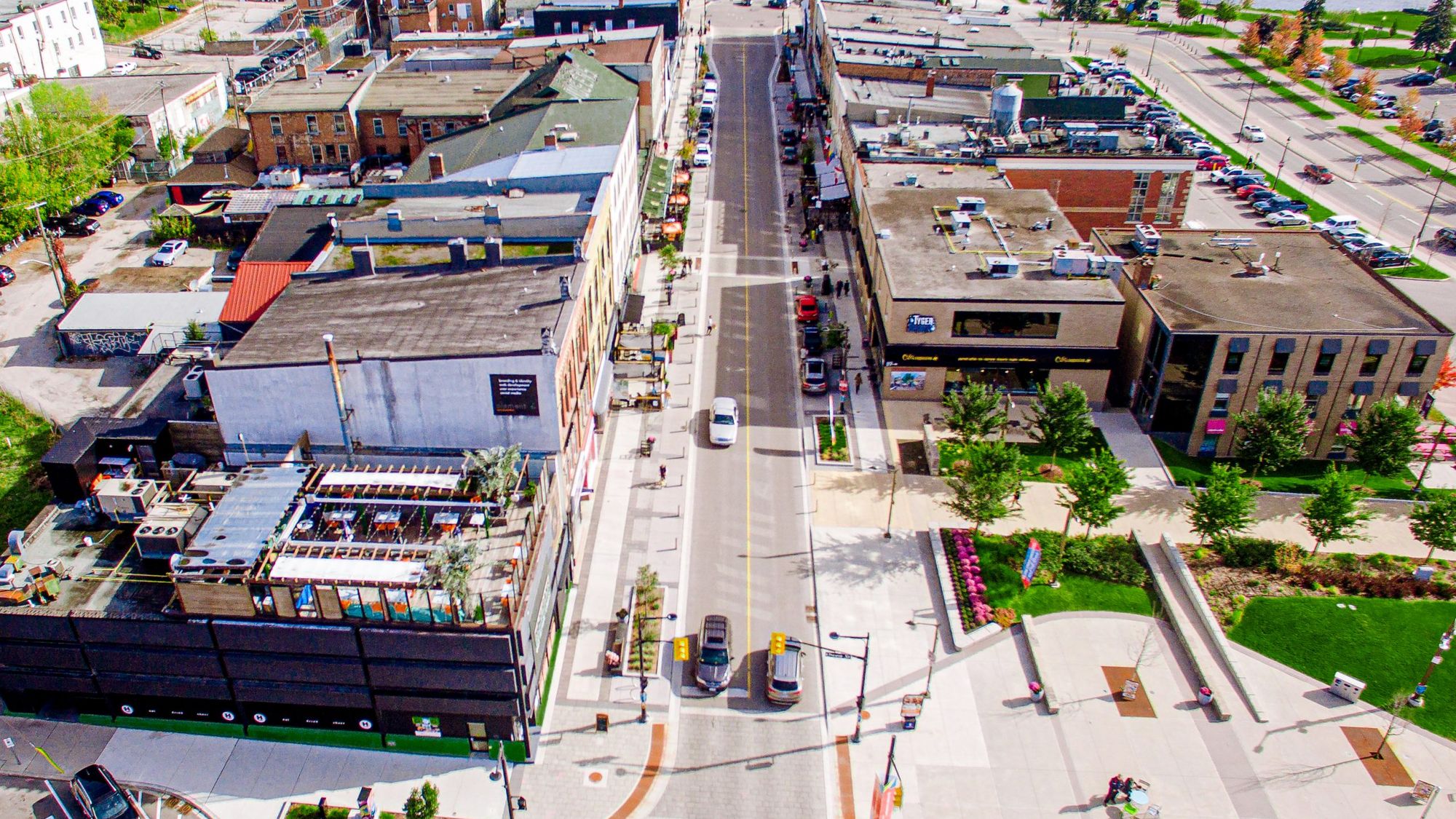 Aerial view of a reconstructed downtown street corridor in Ontario