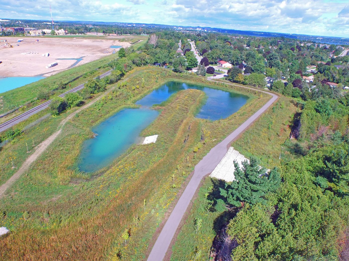 Aerial view of a constructed stormwater management pond